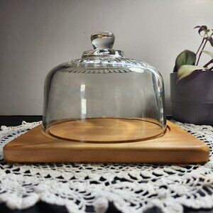 Vintage Brockum Wood Cheese Board 7.75” & French Glass Dome 6.25” Cloche